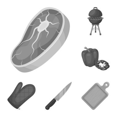 Barbekü ve ekipman tek renkli simgeler set koleksiyonu tasarım için. Piknik ve kızartmaları sembol stok web illüstrasyon vektör.