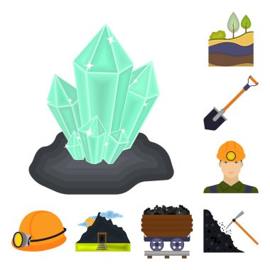 Madencilik Sanayi karikatür simgeleri set koleksiyonu tasarım için. Cihazlar ve sembol stok web illüstrasyon vektör.