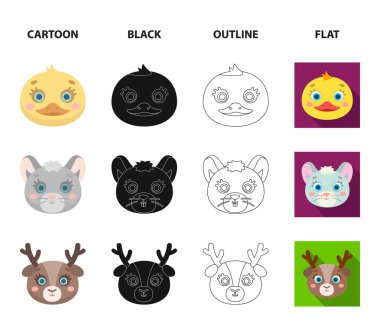 Ayı, ördek, fare, geyik. Hayvan namlu koleksiyonu Icons set çizgi film, siyah, anahat, düz stil vektör simge stok çizim web.