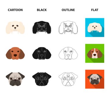 Farklı doğurmak-in köpek ağızlık. Dachshund, fino, beagle, pug cinsi köpek toplama Icons set çizgi film, siyah, anahat, düz stil vektör simge stok çizim web.