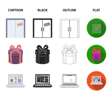 El, tıklayın, Asansör, Hediyelik, kutusu, kapı, online mağaza ve diğer ekipmanlar. E ticaret koleksiyonu Icons set çizgi film, siyah, anahat, düz stil vektör simge stok çizim web.