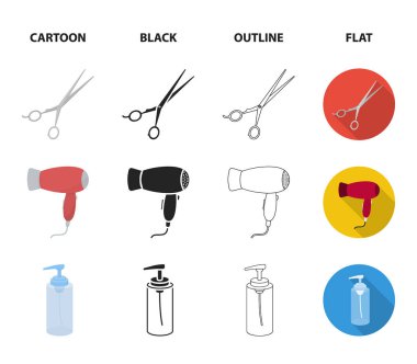 Saç kurutma makinesi, saç kurutma makinesi, losyon, makas. Kuaför koleksiyonu Icons set çizgi film, siyah, anahat, düz stil vektör simge stok çizim web.