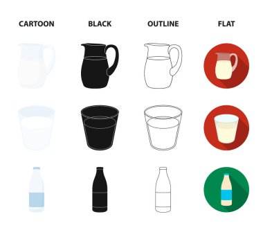 Süzme peynir, bir cam, kefir bir şişe, bir sürahi kase. Moloko koleksiyonu Icons set çizgi film, siyah, anahat, düz stil vektör simge stok çizim web.
