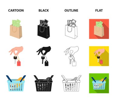 Cep telefonu, para ve çizgi film, siyah, anahat, diğer web simgesi ile bir paket tarzı daire. elinde bir sepet ile gıda simgeler kümesi koleksiyonundaki bir anahtar.