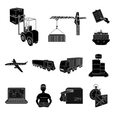 Lojistik ve teslim set koleksiyonu tasarım için simgeler siyah. Taşıtlar ve donatımı izometrik vektör simge stok web çizim.