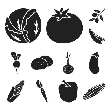 Sebze çeşitleri set koleksiyonu tasarım için simgeler siyah. Sembol stok illüstrasyon vektör sebze ve vitaminler.