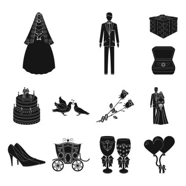 Düğün ve öznitelikleri set koleksiyonu tasarım için simgeler siyah. Sembol stok web illüstrasyon vektör yeni evliler ve aksesuarları.