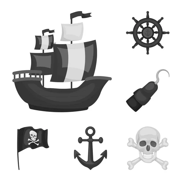 Pirat, havet rånare svartvita ikoner i set samling för design. Skatter, attribut vektor symbol lager web illustration. — Stock vektor