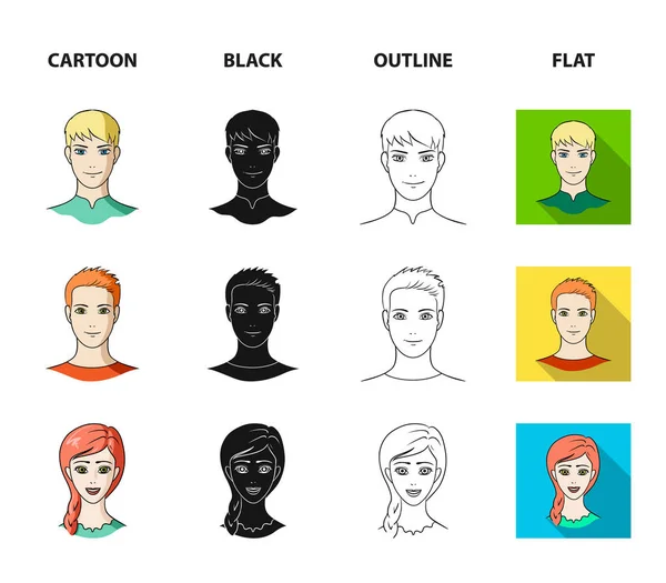 Gençlerin farklı görünüyor. Avatar ve yüz toplama Icons set çizgi film, siyah, anahat, düz stil vektör simge stok çizim web. — Stok Vektör
