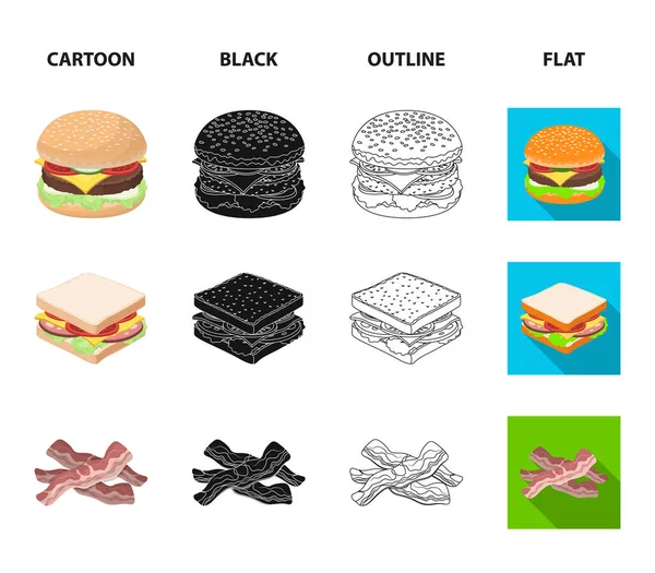 Burger et ingrédients dessin animé, noir, contour, icônes plates dans la collection de set pour le design. Burger cuisson vecteur symbole stock web illustration . — Image vectorielle