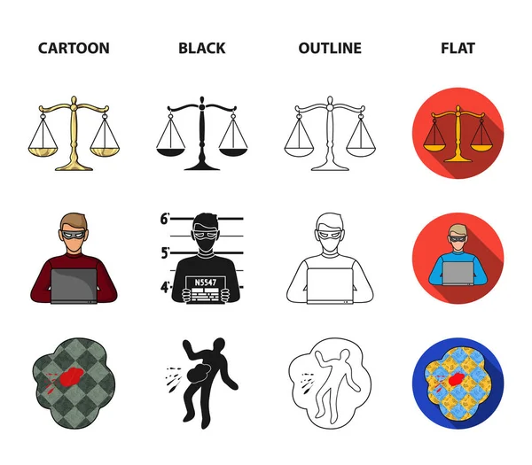 Handboeien, schalen van Justitie, hacker, misdaadscène. Misdaad instellen collectie iconen in de tekenfilm, zwart, overzicht, vlakke stijl vector symbool stock illustratie web. — Stockvector