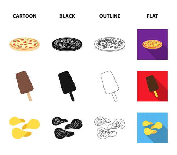 可乐, 比萨饼, 冰淇淋, 薯条。快餐集合图标在卡通, 黑色, 轮廓, 平面风格矢量符号股票插画网站. — 图库矢量图片