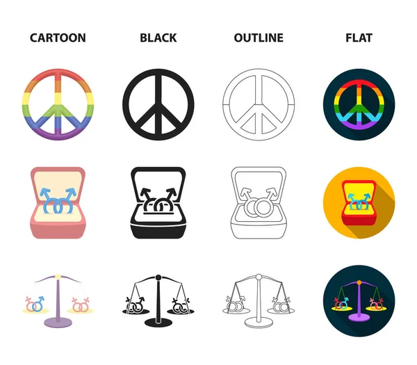 Banderas, arco iris, emblema, anillos. gay conjunto colección iconos en dibujos animados, negro, contorno, plano estilo vector símbolo stock ilustración web . — Vector de stock