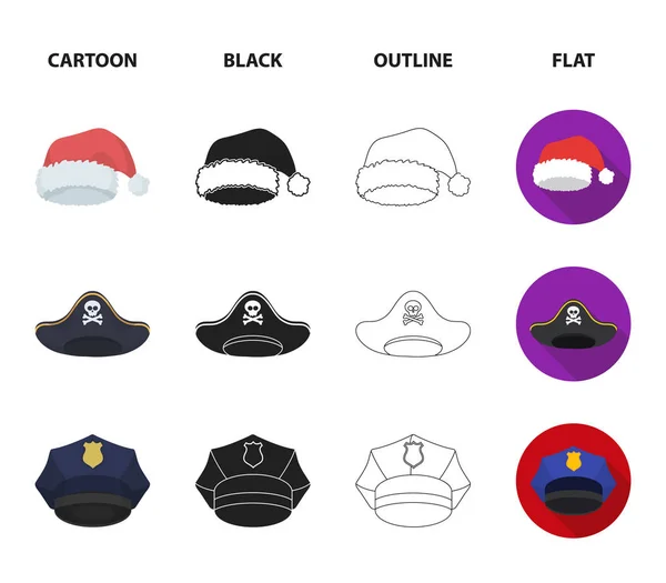 Graduate, santa, police, pirate. Hats set collection icons in cartoon,black,outline,flat style vector symbol stock illustration web.