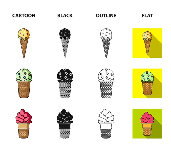 Gelato su un bastone, in un cono di cialda e altre specie. Icone della collezione di gelati in cartone animato, nero, contorno, piatto stile vettoriale simbolo stock illustrazione web . — Vettoriale Stock