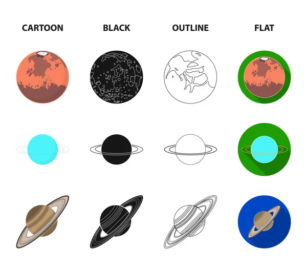Neptun, Mars, Saturn, uran sluneční soustavy. Planety sada kolekce ikon v karikatuře, černá, obrys, plochý vektor symbol akcií ilustrace web. — Stockový vektor