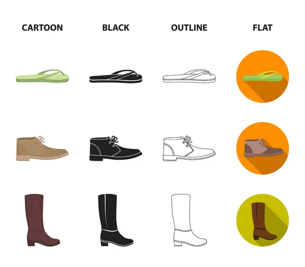 Outono sapatos pretos em uma plataforma alta, chinelos verdes para relaxamento, sandy homens sapatos de outono, botas castanhas altas. Sapatos definir ícones de coleção em desenhos animados, preto, contorno, estoque de símbolo de vetor de estilo plano —  Vetores de Stock