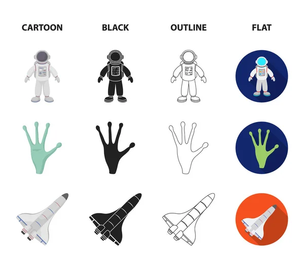 La mano alienígena, la nave espacial transbordador espacial, el astronauta en el traje espacial, el agujero negro con las estrellas. Espacio conjunto de iconos de colección en dibujos animados, negro, contorno, plano estilo vector símbolo stock — Vector de stock