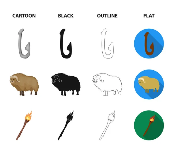 Vieh, fangen, haken, angeln .stone age set collection icons in cartoon, black, outline, flat style vektor symbol stock illustration web. — Stockvektor