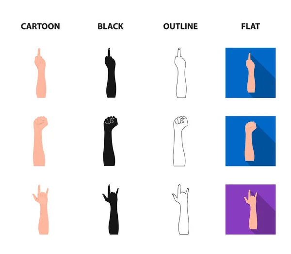 Język migowy kreskówka, czarny, konspekt, płaskie ikony w kolekcja zestaw do projektowania. Emocjonalne część ilustracja komunikacja wektor symbol zasobów sieci web. — Wektor stockowy