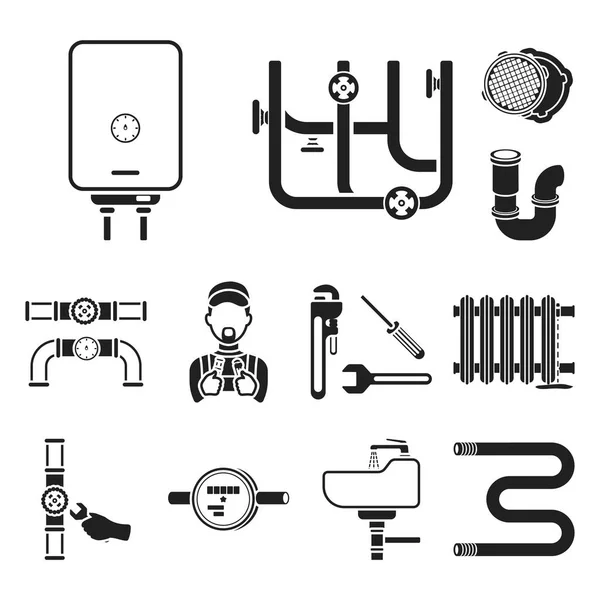 Sanitär, passend schwarze Symbole in Set-Kollektion für Design. Geräte und Werkzeuge Vektor Symbol Stock Web Illustration. — Stockvektor