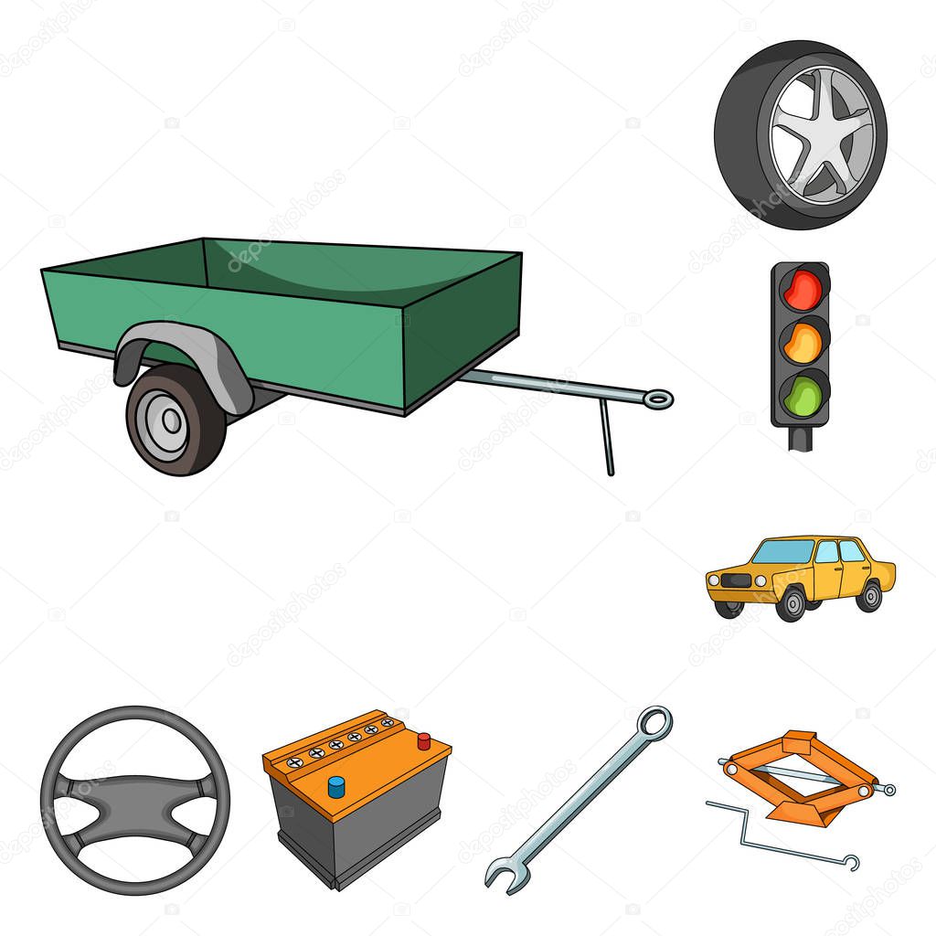 Car, vehicle cartoon icons in set collection for design. Car and equipment vector symbol stock web illustration.
