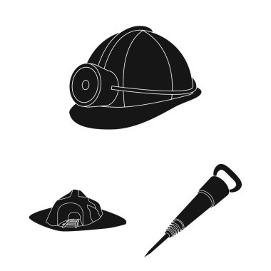 Madencilik Sanayi siyah set koleksiyonu tasarım için simgeler. Cihazlar ve sembol stok web illüstrasyon vektör.