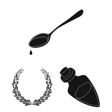 Set koleksiyonu tasarım için zeytin, gıda siyah simgeler. Zeytin yağı, vektör simge stok web illüstrasyon baharat.