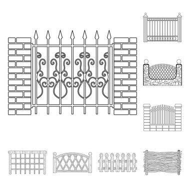 Set koleksiyonu tasarım için farklı çit anahat simgeleri. Dekoratif eskrim sembol stok web illüstrasyon vektör.