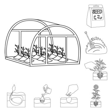 Set koleksiyonu tasarım için çiftlik ve tarım anahat simgeleri. Bahçe ve bitki izometrik vektör simge stok web çizim.