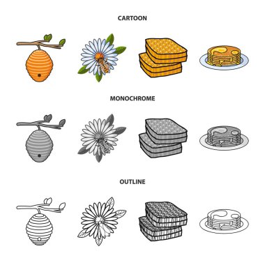 Bir dal, bir çiçek üzerinde bir arı, bir petek bal, bal pasta bir kovan. Arı kovanı koleksiyonu Icons set çizgi film, anahat, tek renkli stil vektör simge stok çizim web.
