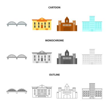 Müze, köprü, kale, hastane. Binada toplama simgeler çizgi film, anahat, tek renkli stil vektör simge stok çizim web.