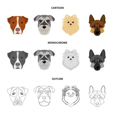Farklı doğurmak-in köpek ağızlık. Köpek doğurmak Stafford, Spitz, Risenschnauzer, Alman çoban köpeği ayarlamak toplama simgeler çizgi film, anahat, tek renkli stil vektör simge stok çizim web.