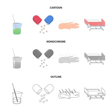 Çözüm, tablet, akupunktur, hastane gurney. Tıp koleksiyonu Icons set çizgi film, anahat, tek renkli stil vektör simge stok çizim web.