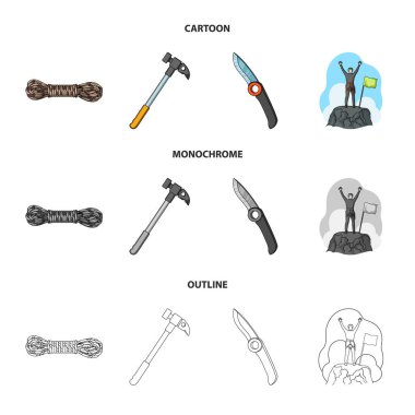 Dağcı fethedilen top, ip, bıçak, çekiç bobin. Dağcılık koleksiyonu Icons set çizgi film, anahat, tek renkli stil vektör simge stok çizim web.