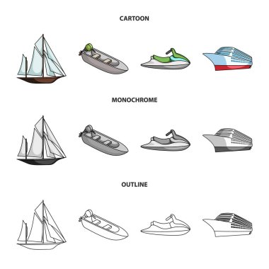 Antik Yelkenli, motorlu tekne, scooter, deniz gemisi. Gemi ve Su ulaştırma araçları koleksiyonu Icons set çizgi film, anahat, tek renkli stil vektör simge stok çizim web.