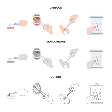 Diş Bakımı, yara tedavisi ve diğer web simgesi karikatür, anahat, tek renkli style.oral tedavi, kutsal kişilerin resmi içinde test görme koleksiyonu ayarla.