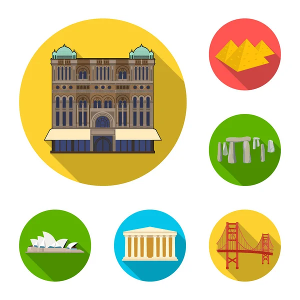 Lugares de interés de diferentes países iconos planos en la colección de conjuntos para el diseño. Famoso edificio vector símbolo stock web ilustración . — Vector de stock