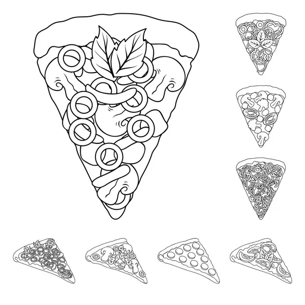 Diferentes iconos de contorno de pizza en la colección de conjuntos para design.Pizza alimento vector símbolo stock web ilustración . — Archivo Imágenes Vectoriales