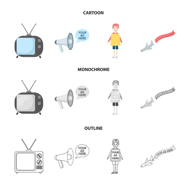 TV, megaphone, a man with a poster, an airplane with a banner.Advertising, set collection icons in cartoon, outline, monochrome style vector symbol stock illustration web . — стоковый вектор