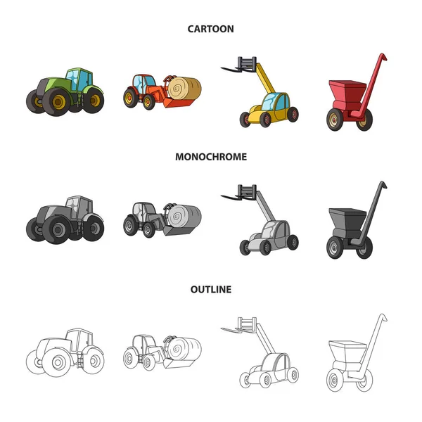 Traktor, Heuwuchtmaschine und andere landwirtschaftliche Geräte. Landmaschinen Set Sammlung Symbole in Cartoon, Umriss, monochromen Stil Vektor Symbol Stock Illustration Web. — Stockvektor