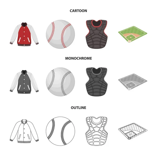 操场, 夹克, 球, 防护背心。棒球集合图标在卡通, 轮廓, 单色风格矢量符号股票插画网站. — 图库矢量图片
