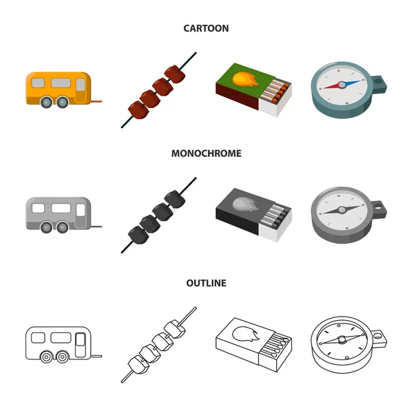Pótkocsi, shish kebab, gyufa, iránytű. Kemping set gyűjtemény ikonok, rajzfilm, vázlat, fekete-fehér stílus vektor szimbólum stock illusztráció web. — Stock Vector