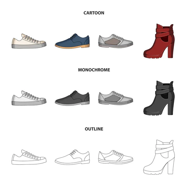 Um conjunto de ícones em uma variedade de sapatos.Diferentes sapatos único ícone em desenhos animados, esboço, estilo monocromático vetor web símbolo estoque ilustração . —  Vetores de Stock