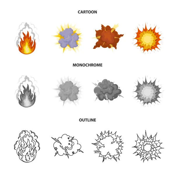 Пламя, искры, фрагменты водорода, атомный или газовый взрыв, гроза, солнечный взрыв. Взрывы устанавливают иконки коллекции в мультфильме, контур, векторные символы векторного стиля веб-иллюстрации . — стоковый вектор