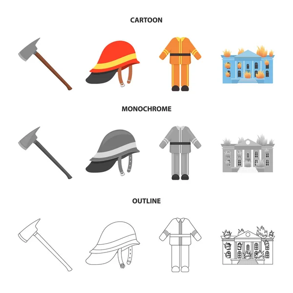 Топор, шлем, униформа, горящее здание. Иконки коллекции наборов пожарных ведомств в паутине иллюстрации рисунка, контура, векторные символы монохромного стиля . — стоковый вектор