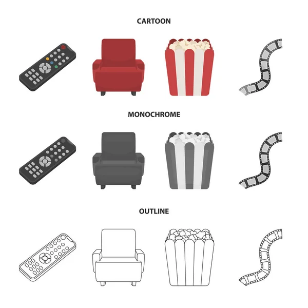 Панель управления, кресло для просмотра, popcorn.Films и фильмы набор иконок коллекции в мультфильме, контур, монохромный стиль векторного символа фондовый иллюстрации веб . — стоковый вектор