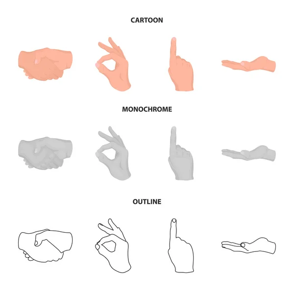 Рукопожатие, индекс вверх, ладонь. Ручной жест набор иконок коллекции в мультфильме, контур, монохромный стиль векторных символов фондового иллюстрации веб . — стоковый вектор