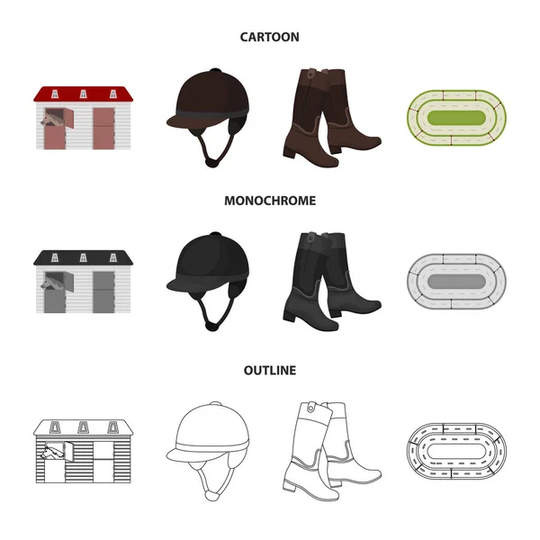 Botas, hierba, estadio, pista, resto .Hippodrome y los iconos de la colección conjunto de caballos en la historieta, contorno, el estilo monocromo vector símbolo stock illustration web . — Vector de stock