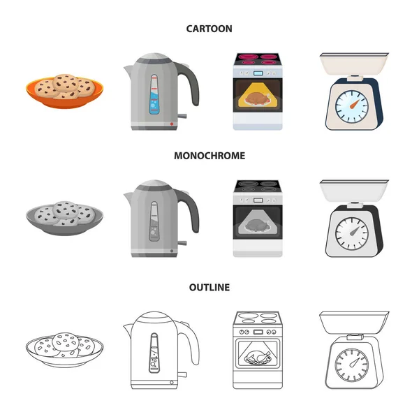 Γελοιογραφία εξοπλισμό κουζίνας, περίγραμμα, μονόχρωμες εικόνες set συλλογής για το σχεδιασμό. Κουζίνας και αξεσουάρ σύμβολο μετοχής web εικονογράφηση διάνυσμα. — Διανυσματικό Αρχείο